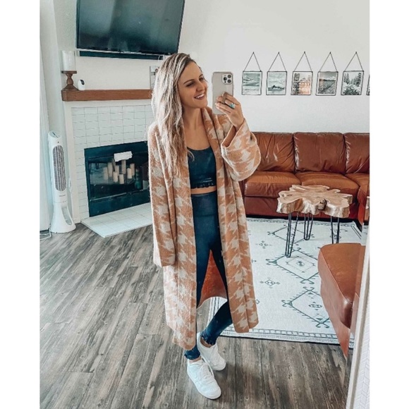 ❌SOLD❌ A New Day Peach & Cream Houndstooth Open Sweater Cardigan Jacket Long - Picture 8 of 10